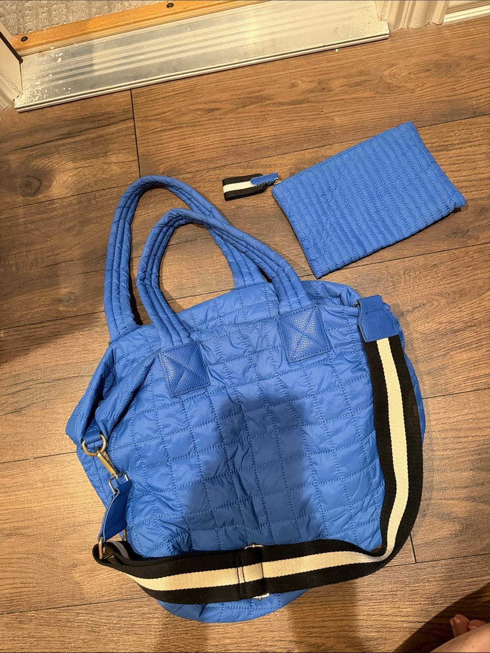Shiraleah Quilted Cobalt Blue Tote with Striped Strap and matching cosmetic bag